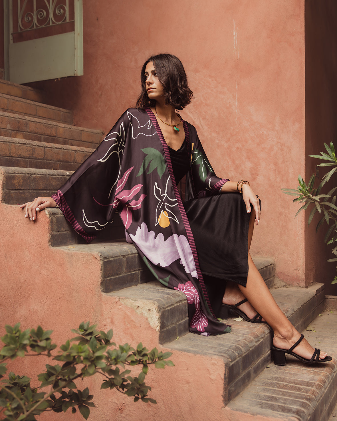 Midnight Orchid Satin Kimono