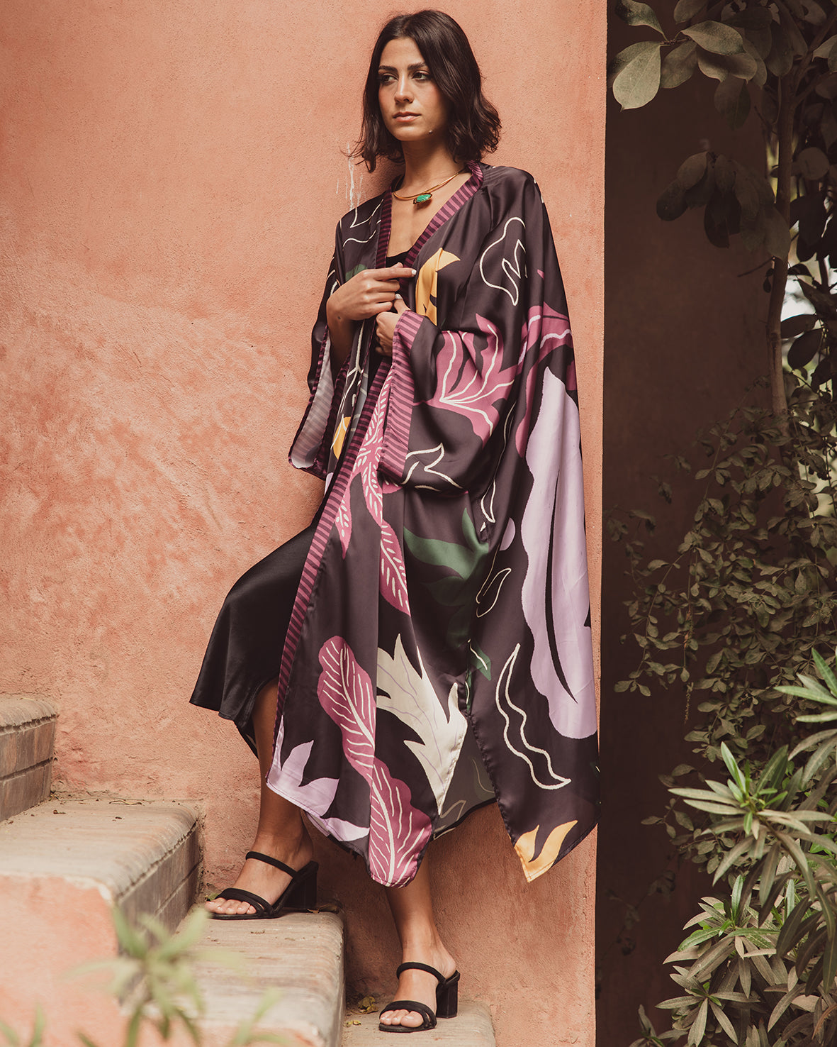 Midnight Orchid Satin Kimono